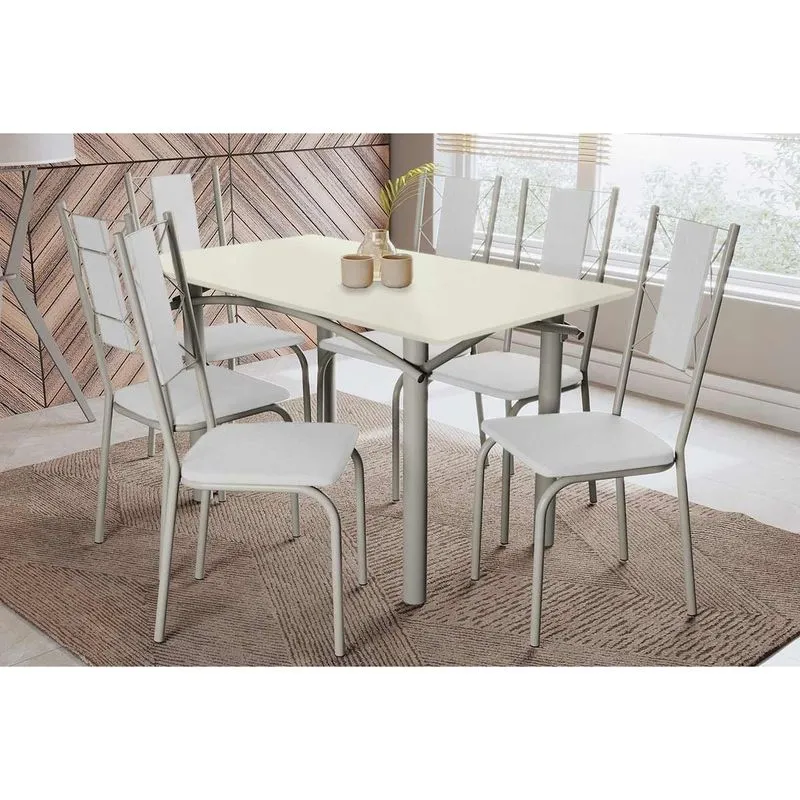Sala de Jantar Completa Elba Tampo Madeirado c/ Vidro 160cm e 6 Cadeiras Lisboa Niquel/Off White - Courano Branco - Kappesberg