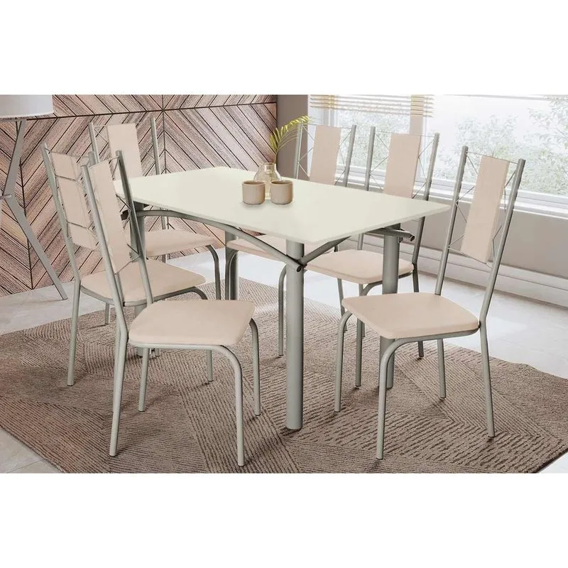 Sala de Jantar Completa Elba Tampo Madeirado c/ Vidro 160cm e 6 Cadeiras Lisboa Niquel/Off White - Courano Bege - Kappesberg