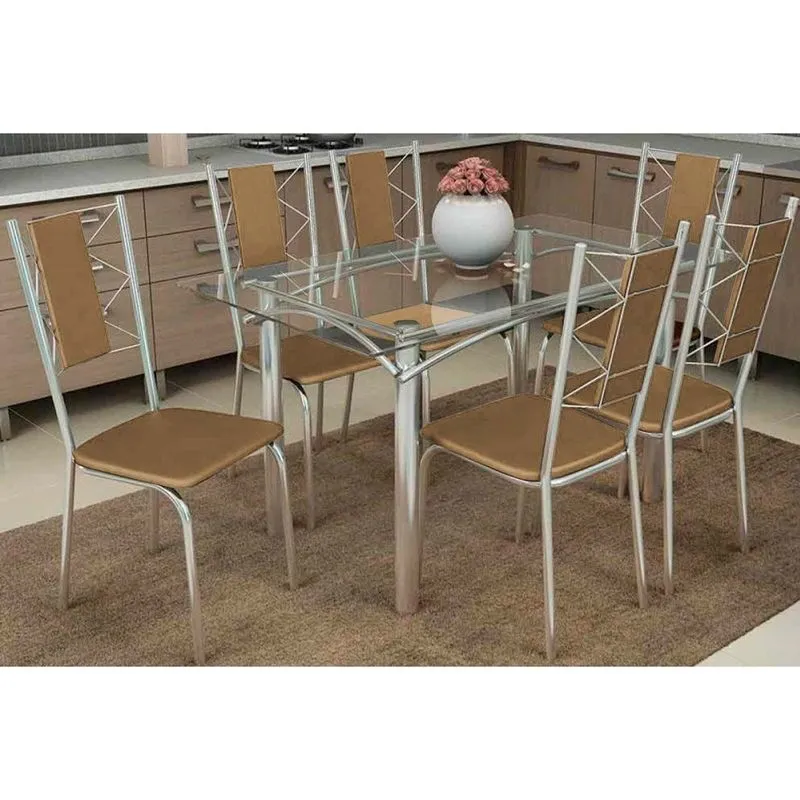 Sala de Jantar Completa Elba c/ Tampo de Vidro 140cm e 6 Cadeiras Lisboa Cromada - Courano Capuccino - Kappesberg