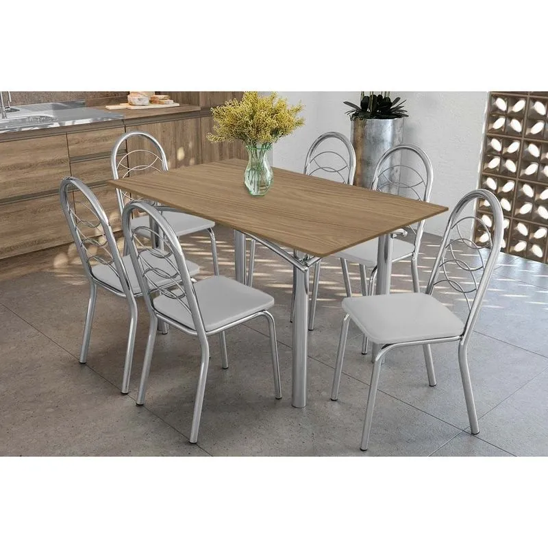 Sala de Jantar Completa Elba c/ Tampo de Madeira 160cm e 6 Cadeiras Holanda Cromada/Nogueira - Courano Branco - Kappesberg