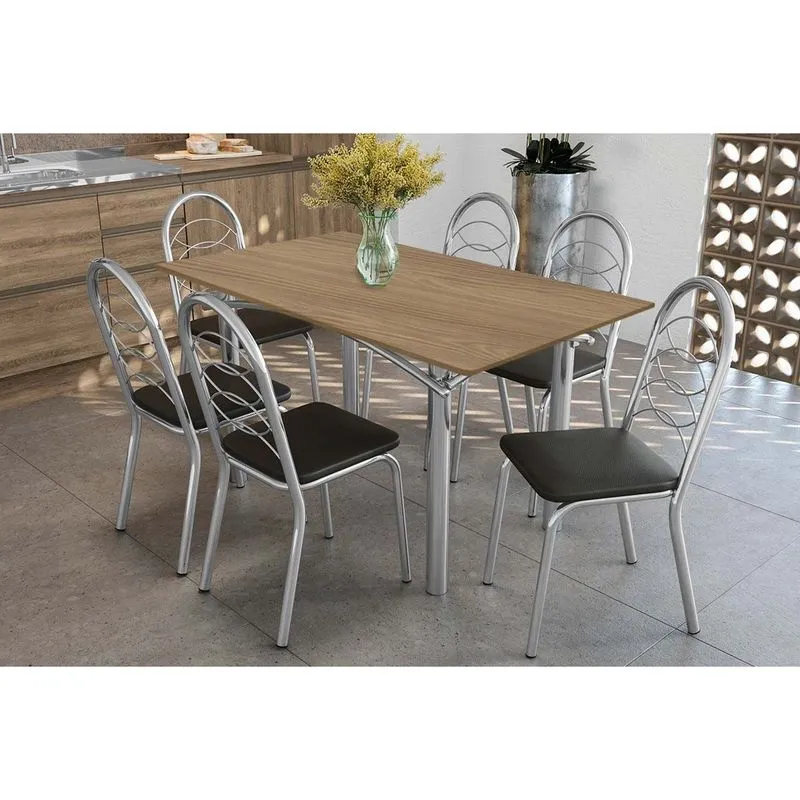 Sala de Jantar Completa Elba c/ Tampo de Madeira 160cm e 6 Cadeiras Holanda Cromada/Nogueira - Courano Preto - Kappesberg