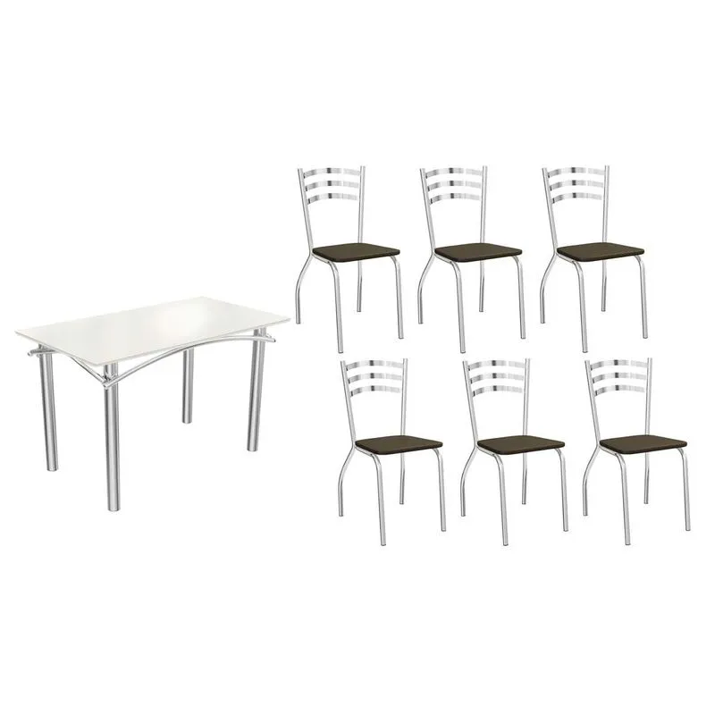Sala de Jantar Completa Elba Tampo Madeirado c/ Vidro 120cm e 6 Cadeiras Portugal Cromada/Off White - Courano Marrom - Kappesberg