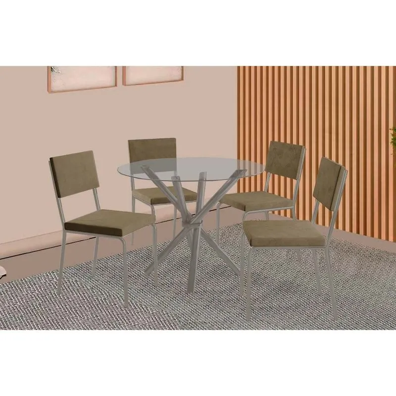 Sala de Jantar Completa Volga c/ Tampo de Vidro 95cm e 4 Cadeiras Zaria Niquel - Suede Bege - Kappesberg