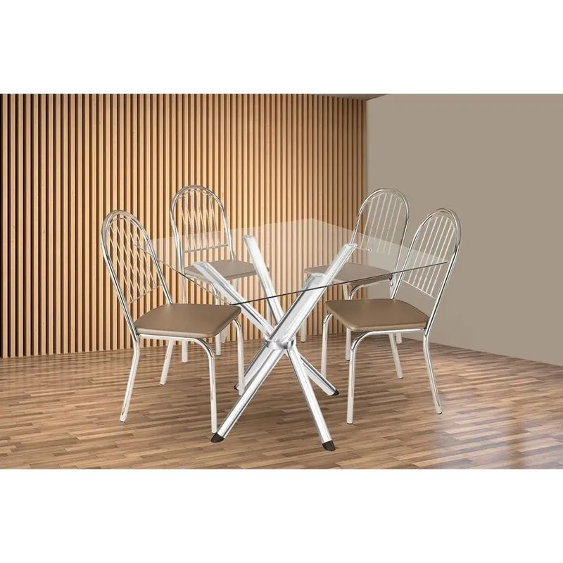 Sala de Jantar Completa Volga c/ Tampo de Vidro 90cm e 4 Cadeiras Noruega Cromada - Courano Capuccino - Kappesberg