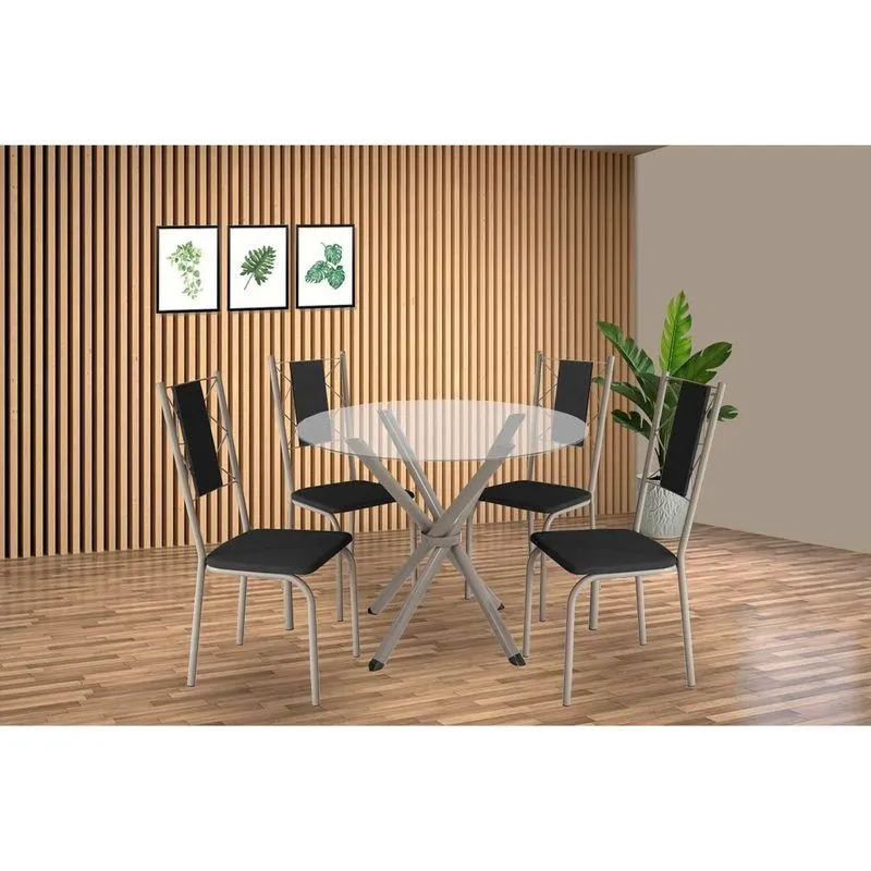 Sala de Jantar Completa Volga c/ Tampo de Vidro 95cm e 4 Cadeiras Lisboa Niquel - Courano Preto - Kappesberg