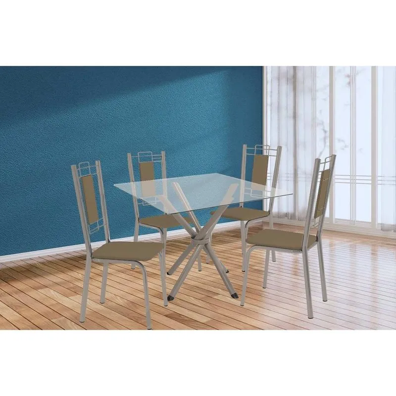 Sala de Jantar Completa Volga c/ Tampo de Vidro 90cm e 4 Cadeiras Florença Niquel - Courano Capuccino - Kappesberg