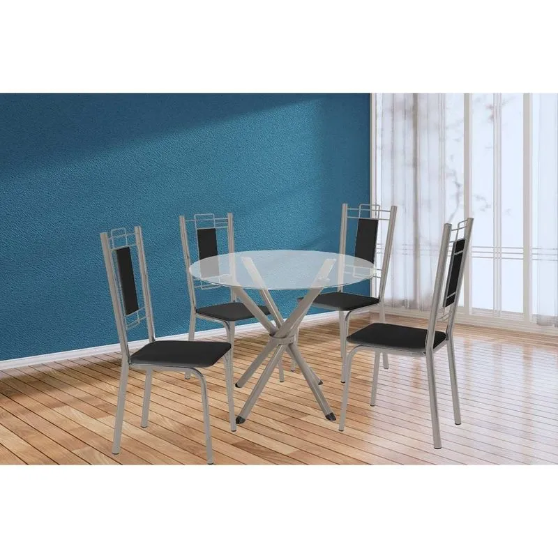 Sala de Jantar Completa Volga c/ Tampo de Vidro 95cm e 4 Cadeiras Florença Niquel - Courano Preto - Kappesberg