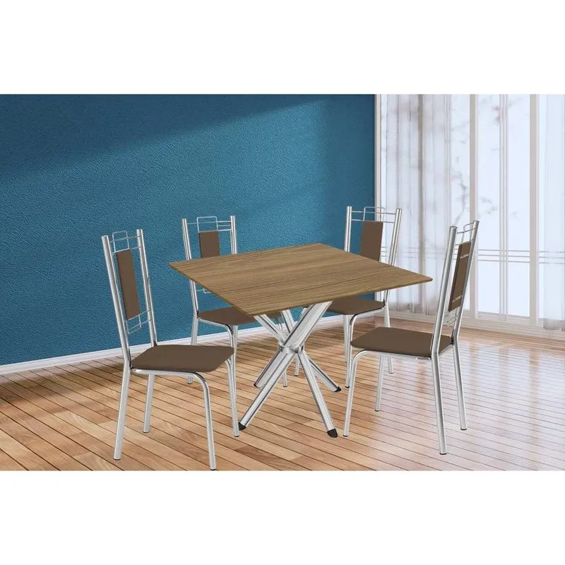 Sala de Jantar Completa Volga c/ Tampo de Madeira 90cm e 4 Cadeiras Florença Cromado/Nogueira - Marrom - Kappesberg