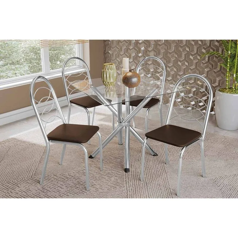 Sala de Jantar Completa Volga c/ Tampo de Vidro 90cm e 4 Cadeiras Holanda Cromada - Courano Marrom - Kappesberg