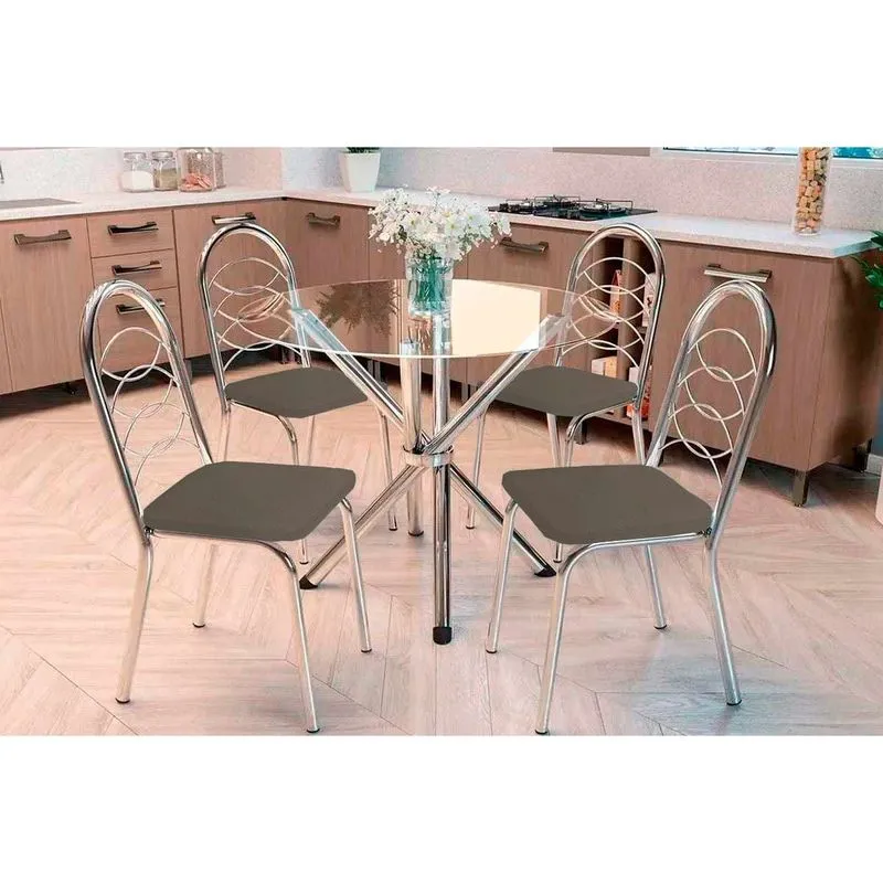 Sala de Jantar Completa Volga c/ Tampo de Vidro 95cm e 4 Cadeiras Holanda Cromada - Courano Marrom - Kappesberg
