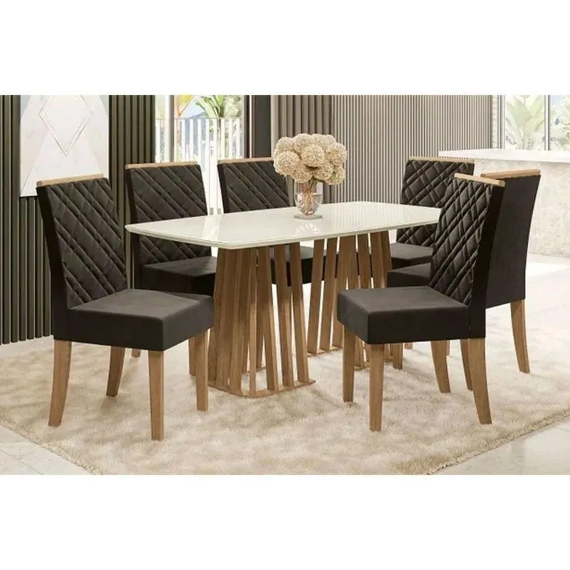 Sala De Jantar Completa Alteia Tampo Madeirado c- Vidro 90x170cm E 6 Cadeiras 2cad149 Nogueira-off White-vidro Off White - Suede Pr - Kappesberg