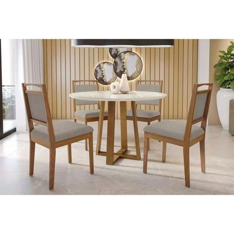 Sala De Jantar Completa Elma Tampo Madeirado c- Vidro 120x120cm E 4 Cadeiras Lina Carvalho-off White-vidro Off White - Linho Cin - Kappesberg