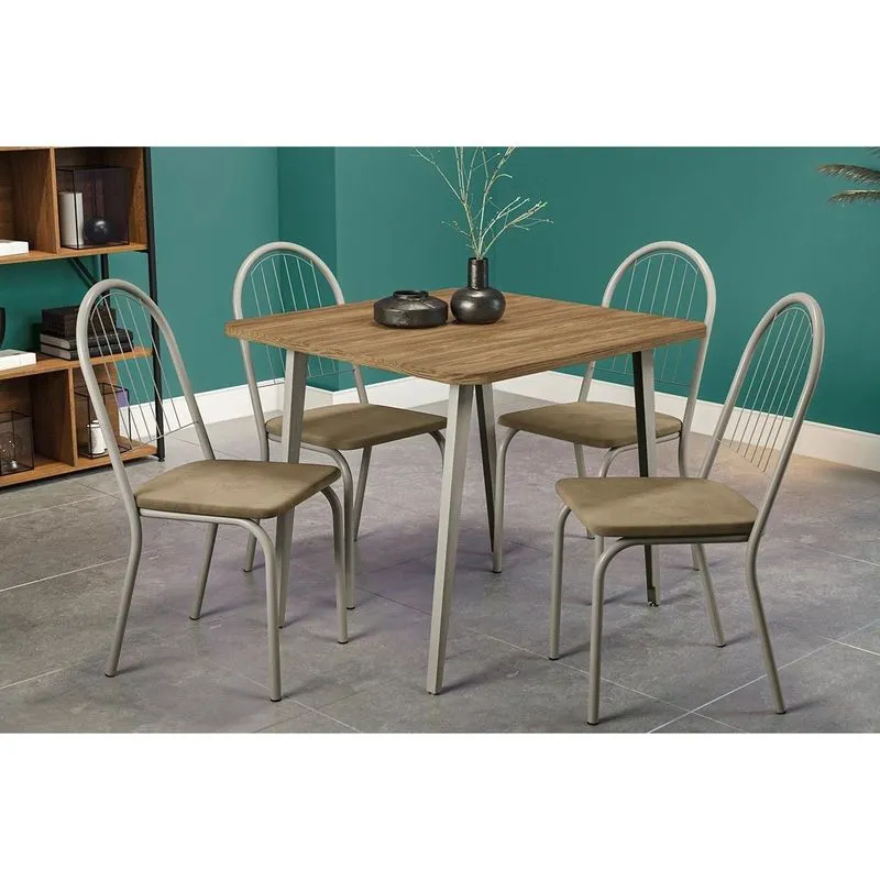 Sala de Jantar Completa Iguaçu Tampo Madeirado 90x90cm e 4 Cadeiras Noruega Niquel/Nogueira - Courano Capuccino - Kappesberg