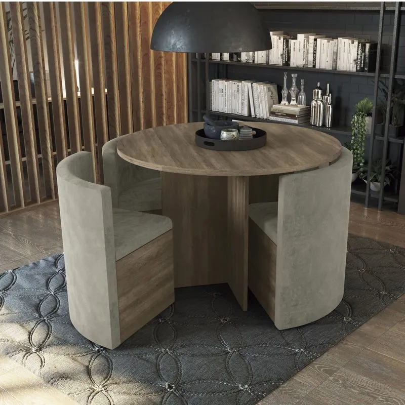 Conjunto Sala de Jantar Mesa Redonda 4 Cadeiras Estofadas Kappesberg Nogal/Bege