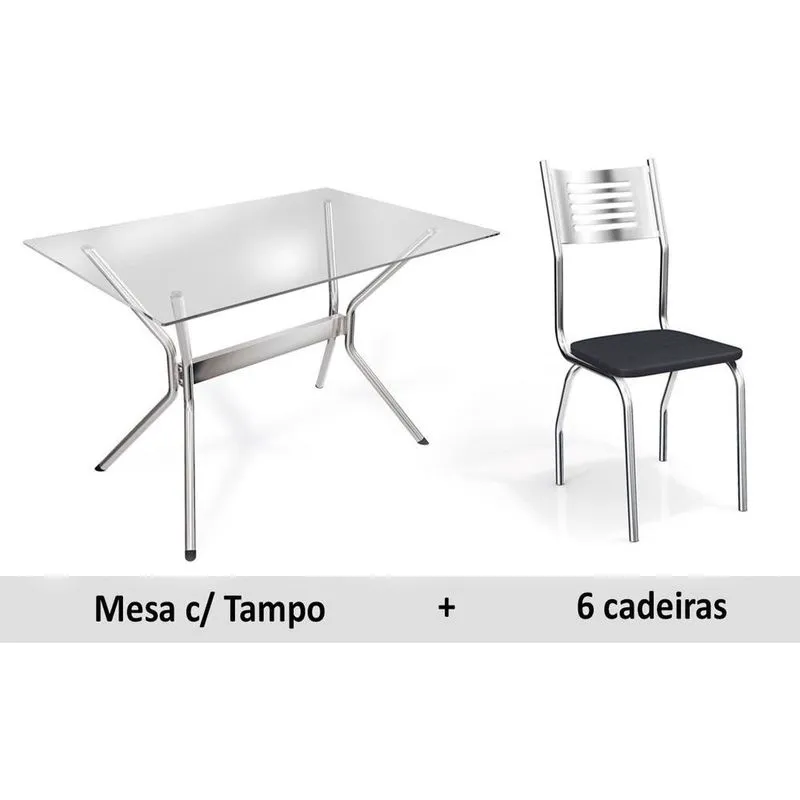 Sala de Jantar Completa Loire c/ Tampo Vidro 140cm + 6 Cadeiras Munique Cromado/Courano Preto - Kappesberg
