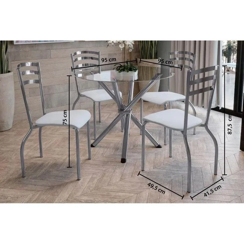 Sala De Jantar Completa Volga C Tampo Vidro 95cm 4 Cadeiras Portugal Cromado Courano Branco Kappesberg