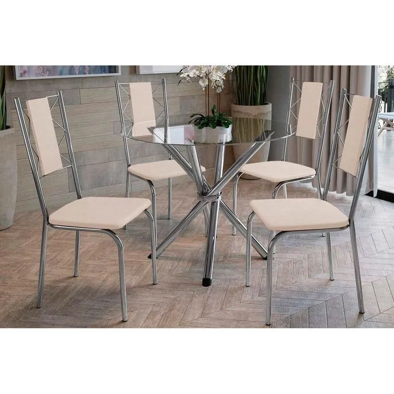 Conjunto: Mesa de Cozinha Volga c/ Tampo Vidro 95cm + 4 Cadeiras Lisboa Cromado/Courano Nude - Kappesberg