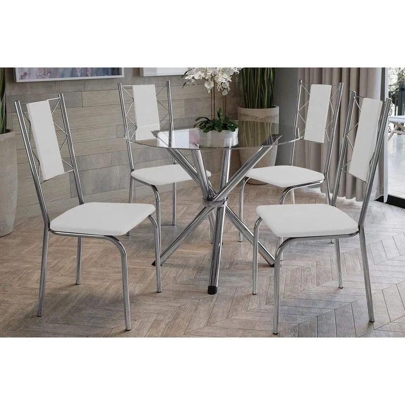 Conjunto: Mesa de Cozinha Volga c/ Tampo Vidro 95cm + 4 Cadeiras Lisboa Cromado/Courano Branco - Kappesberg