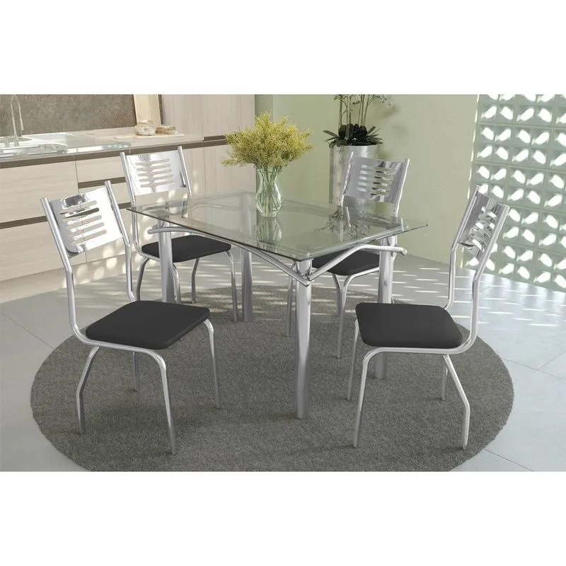 Conjunto: Mesa de Cozinha Amur c/ Tampo Vidro 120cm + 4 Cadeiras Munique Cromado/Courano Preto - Kappesberg