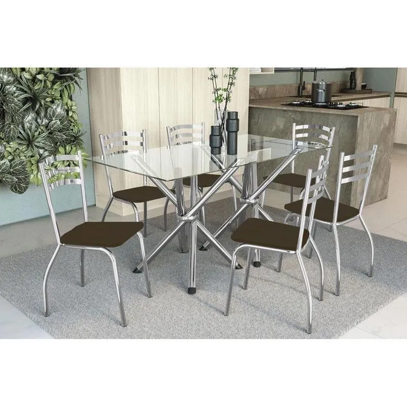 Conjunto Mesa Sala Jantar Volga C Tampo Vidro 150cm 6 Cadeiras Portugal Cromado Courano Marrom Kappesberg