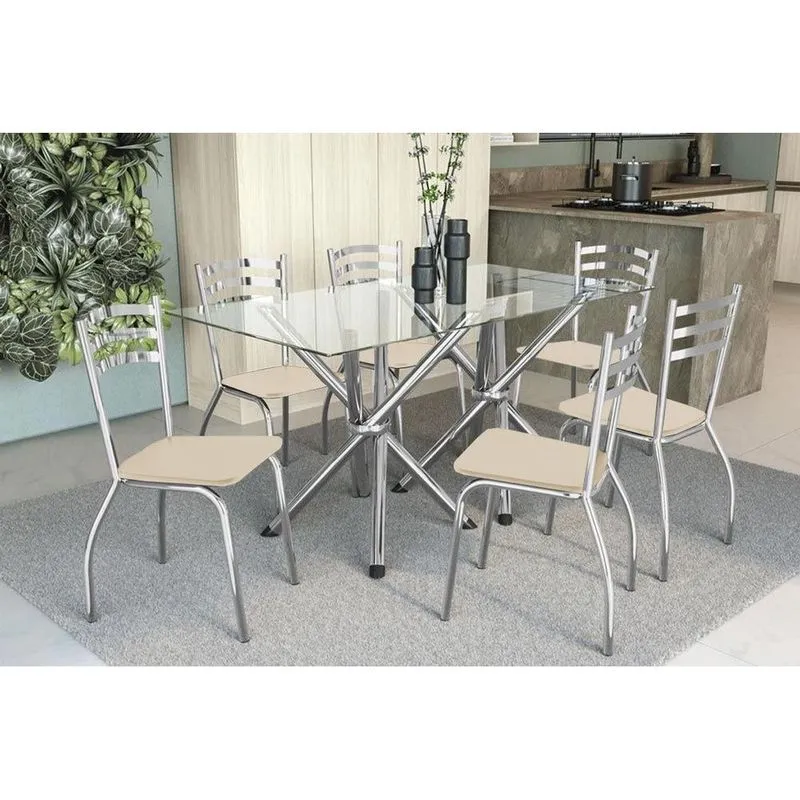 Conjunto: Mesa Sala Jantar Volga c/ Tampo de Vidro 150cm + 6 Cadeiras Portugal Cromado/Courano Nude - Kappesberg