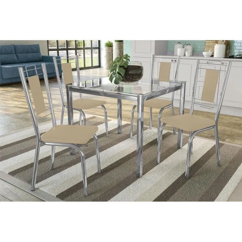 Conjunto: Mesa Sala Jantar Reno c/ Tampo Vidro 90cm + 4 Cadeiras Florença Cromado/courano Nude