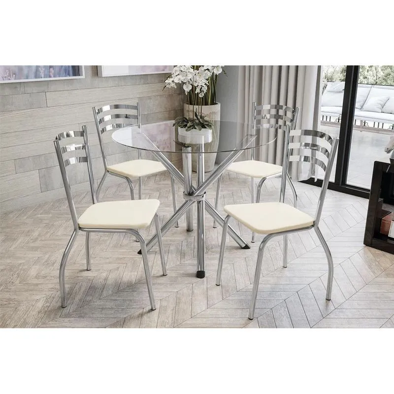 Conjunto: Mesa Sala Jantar Volga c/ Tampo de Vidro 95cm + 4 Cadeiras Portugal Cromado/Courano Nude - Kappesberg
