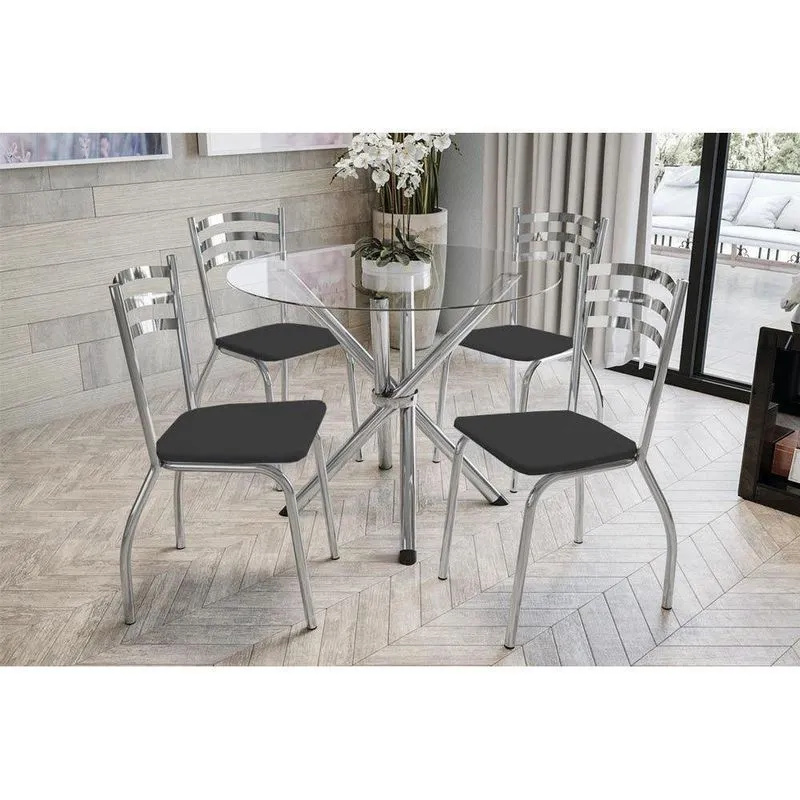 Kit Mesa Volga c- Tampo Vidro 95cm + 4 Cadeiras Portugal Cromado Courano Preto