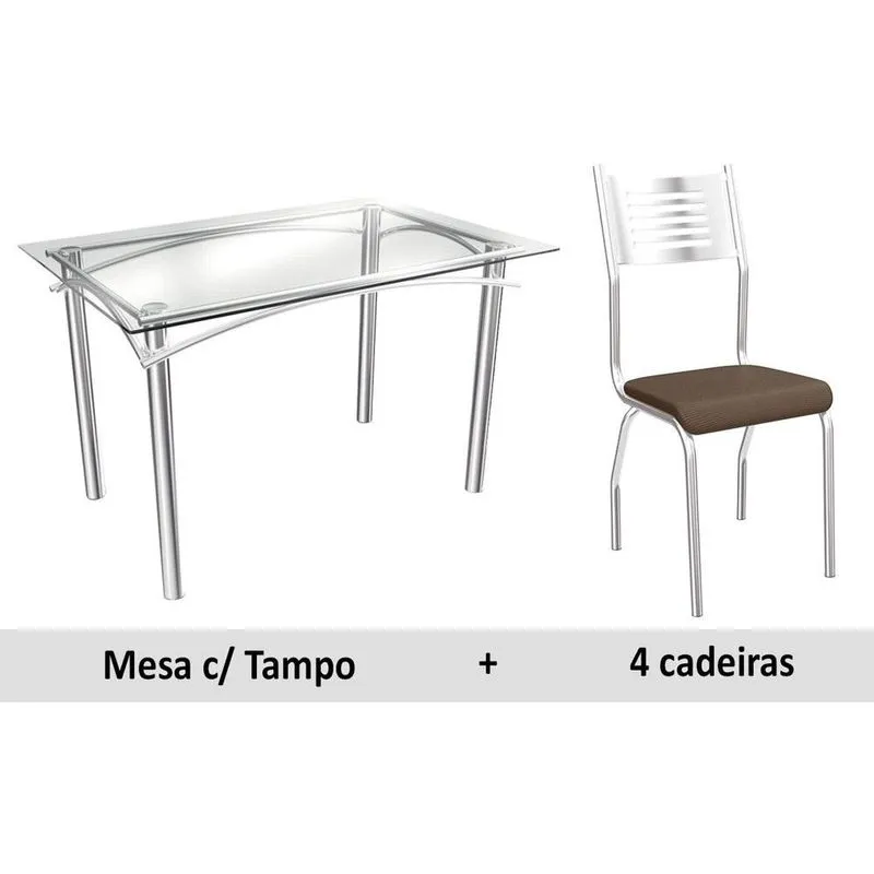Conjunto: Mesa Sala Jantar Elba c/ Tampo Vidro 120cm + 4 Cadeiras Munique Cromado/Courano Marrom - Kappesberg