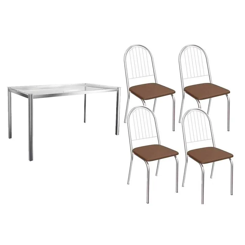 Conjunto: Mesa Sala Jantar Reno c/ Tampo de Vidro 150cm + 4 Cadeiras Noruega Cromado/Courano Marrom - Kappesberg
