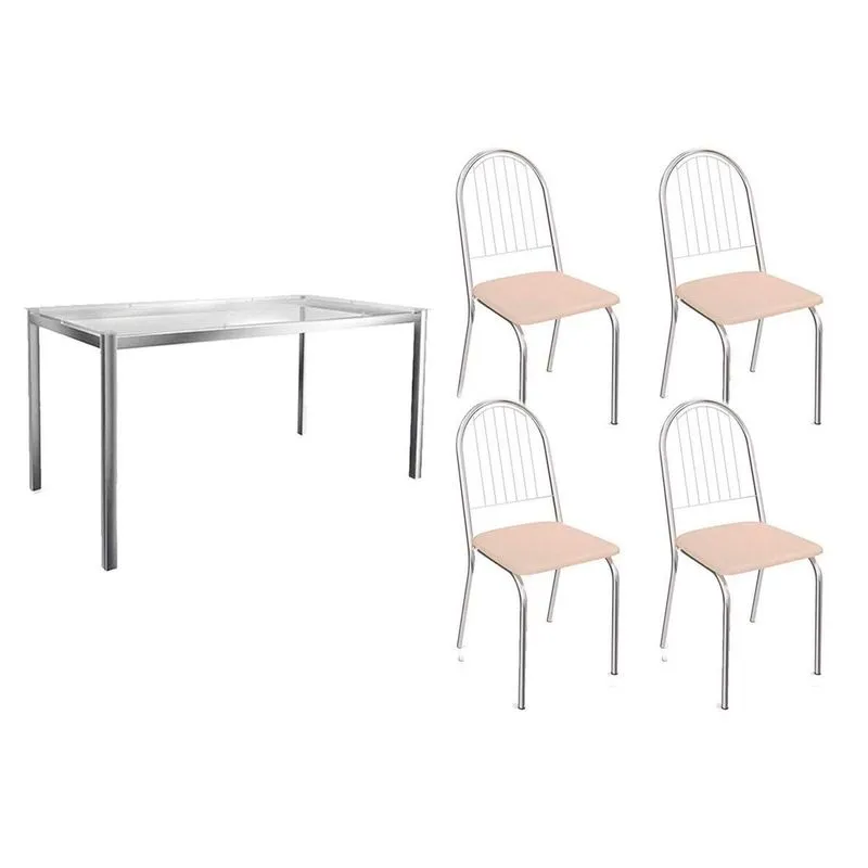 Conjunto: Mesa Sala Jantar Reno c/ Tampo de Vidro 150cm + 4 Cadeiras Noruega Cromado/Courano Nude - Kappesberg