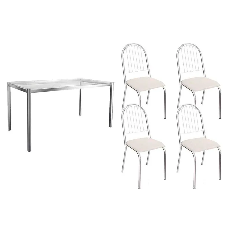 Conjunto: Mesa Sala Jantar Reno c/ Tampo de Vidro 150cm + 4 Cadeiras Noruega Cromado/Courano Branco - Kappesberg