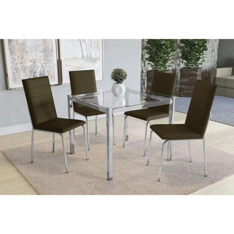 Kit Mesa Reno C- Tampo Vidro 90cm + 4 Cadeiras Amsterdã Cromado Courano Marrom