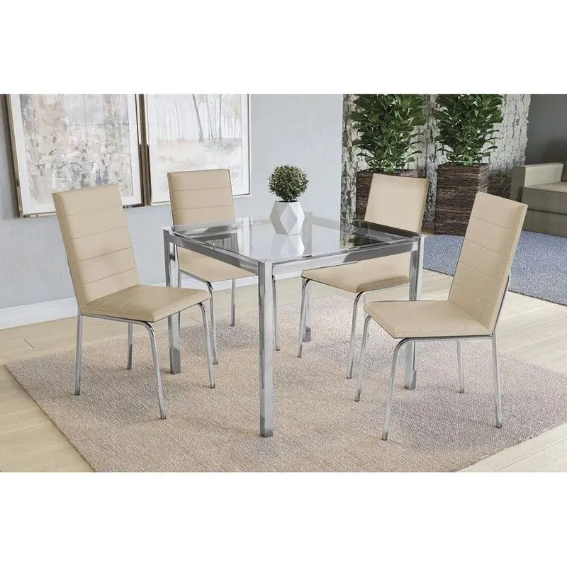 Conjunto: Mesa Sala Jantar Reno c/ Tampo de Vidro 90cm + 4 Cadeiras Amsterdã Cromado/Courano Nude - Kappesberg