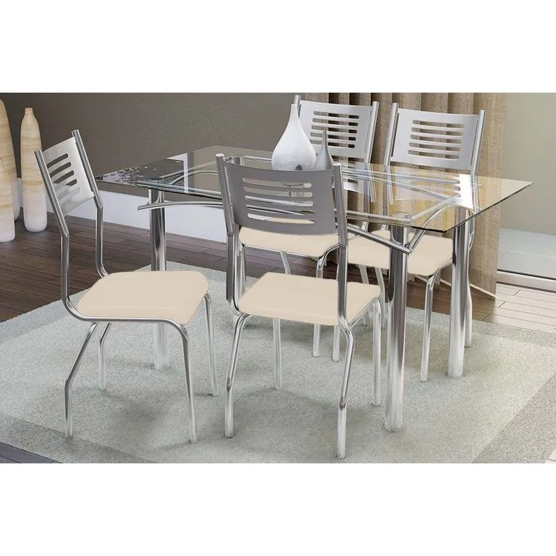 Conjunto: Mesa Sala Jantar Reno c/ Tampo de Vidro 150cm + 4 Cadeiras Nápoles 150 Cromado/Courano Nude - Kappesberg