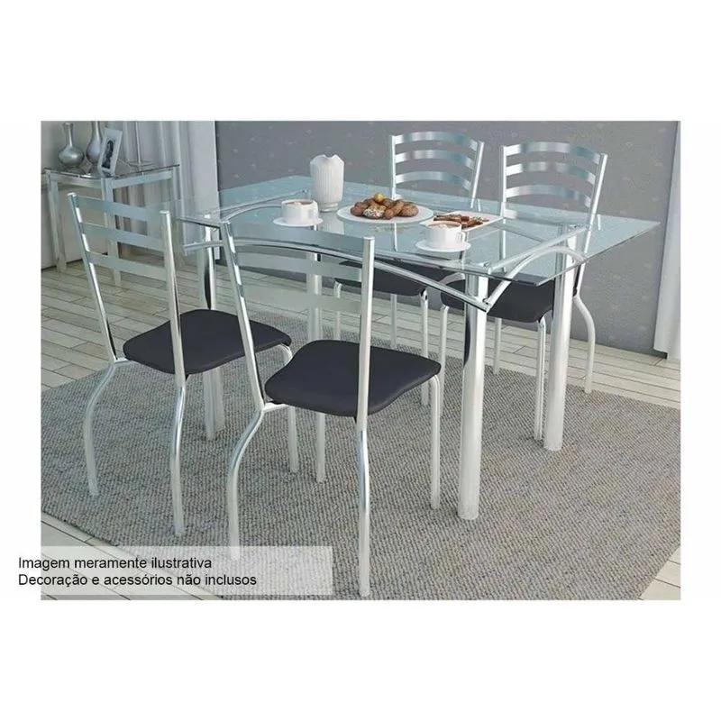 Kit Mesa Elba c- Tampo Vidro 120cm + 4 Cadeiras Portugal Cromado Courano Preto