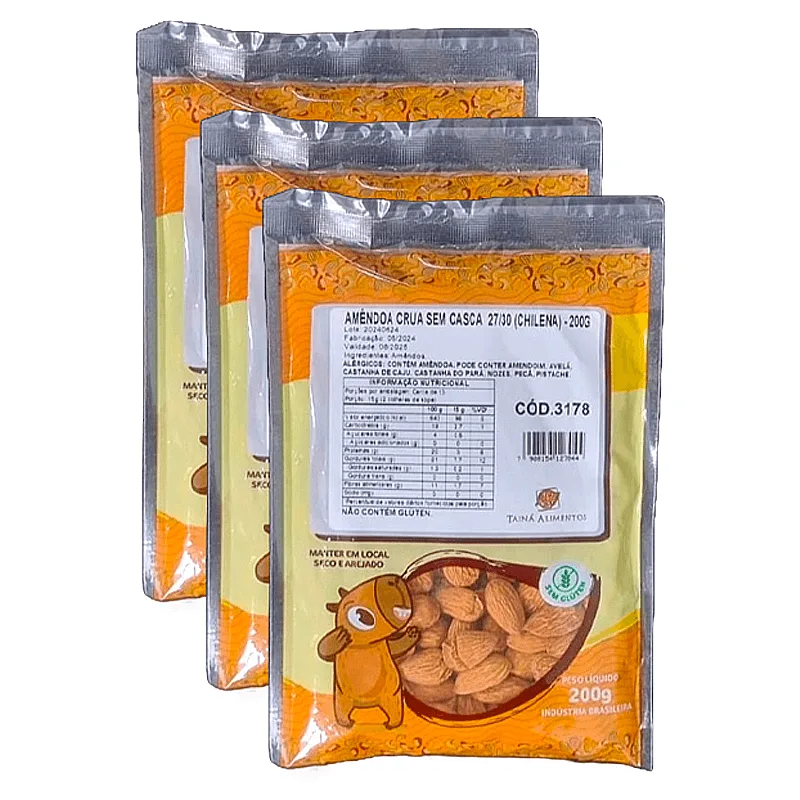 Kit 3x: Amêndoa Crua Sem Casca Chilena 27/30 Tainá Alimentos 200g