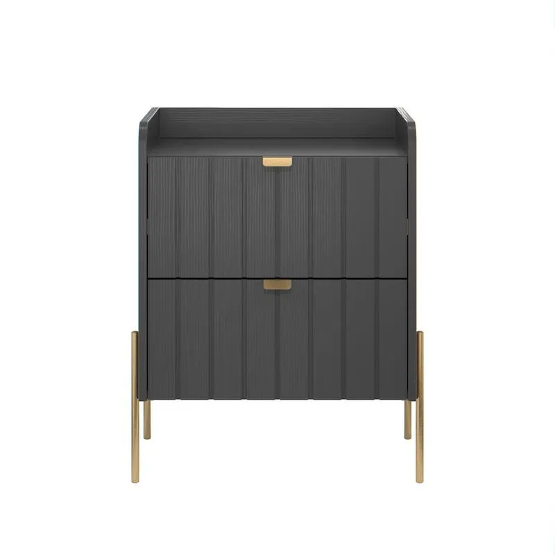 Mesinha de Canto Preto Grafite Para Quarto Estilo Europeu Classico Moriah 45cm Pes e Puxadores Aço Dourado