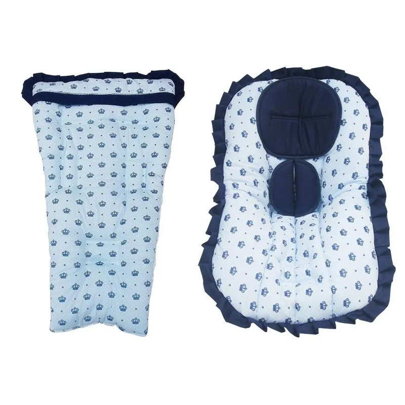 Capa De Carrinho + Capa De Bebê Conforto Azul Com Coroas