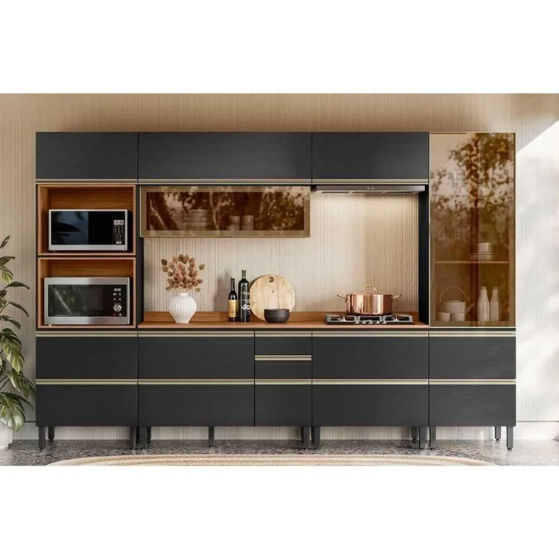 Cozinha Completa Proença 6 Portas 4 Gavetas MDF 120CM Nogueira e Carbono