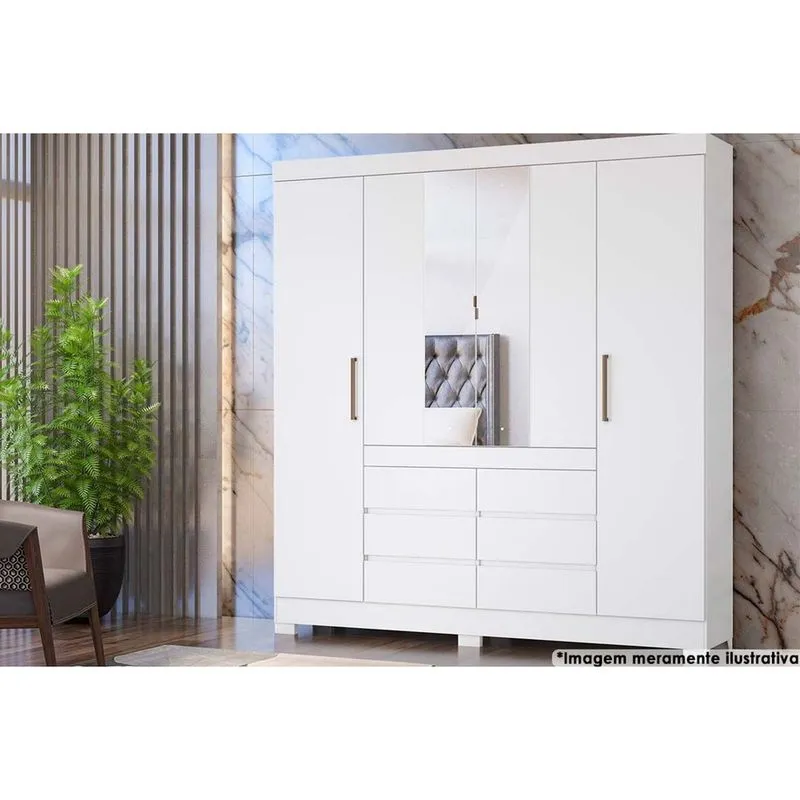 Guarda Roupa Casal 4 Portas e 6 Gavetas c/ Espelho Cadis Branco - Demóbile