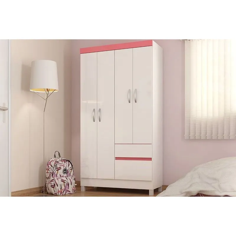 Guarda Roupa Solteiro 4 Portas e 2 Gavetas Lotus Flex Branco/Branco ou Rosa - Demóbile
