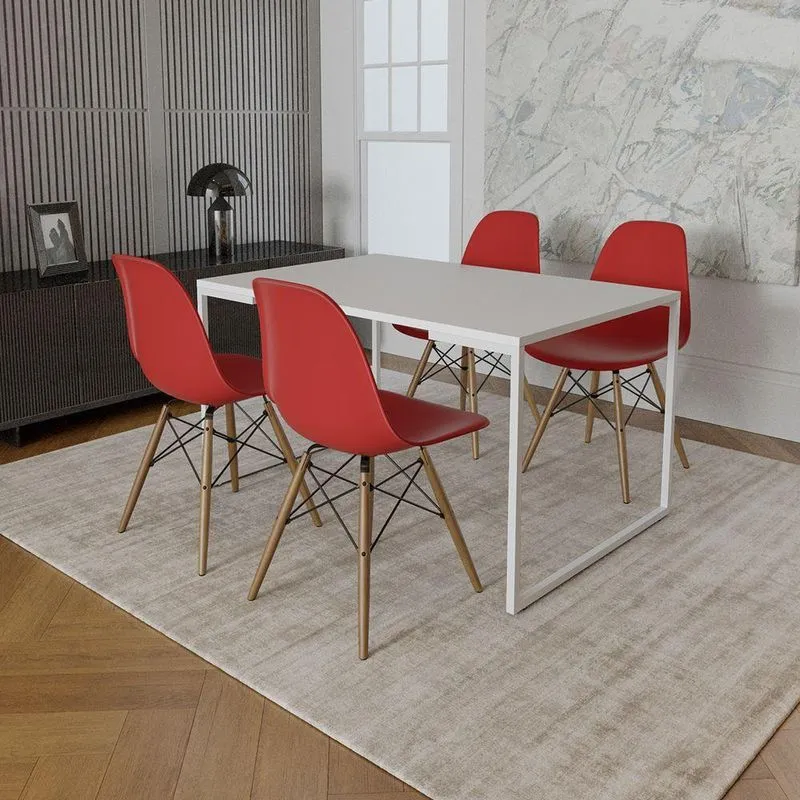 Mesa Industrial Base Ferro Branco 137x90 Tampo Branco 4 Cadeiras Eiffel Madeira Assento Vermelho