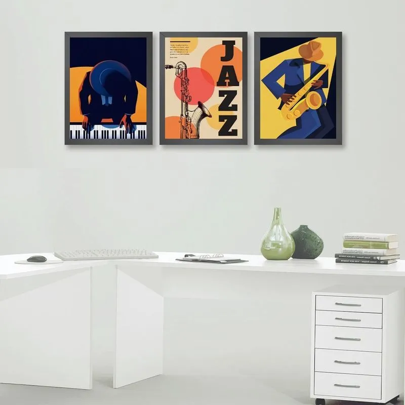 Kit 3 Quadros Músicos Jazz 33x24cm Vidro Moldura Preta