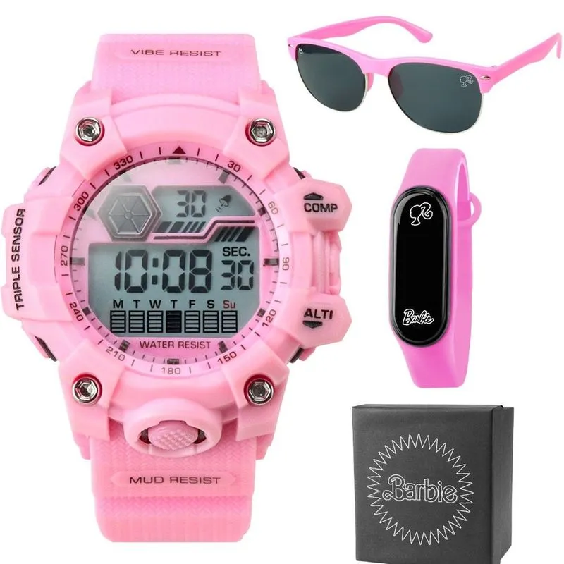 Relogio digital prova dagua infantil + caixa rosa adolescente ajustavel silicone qualidade premium