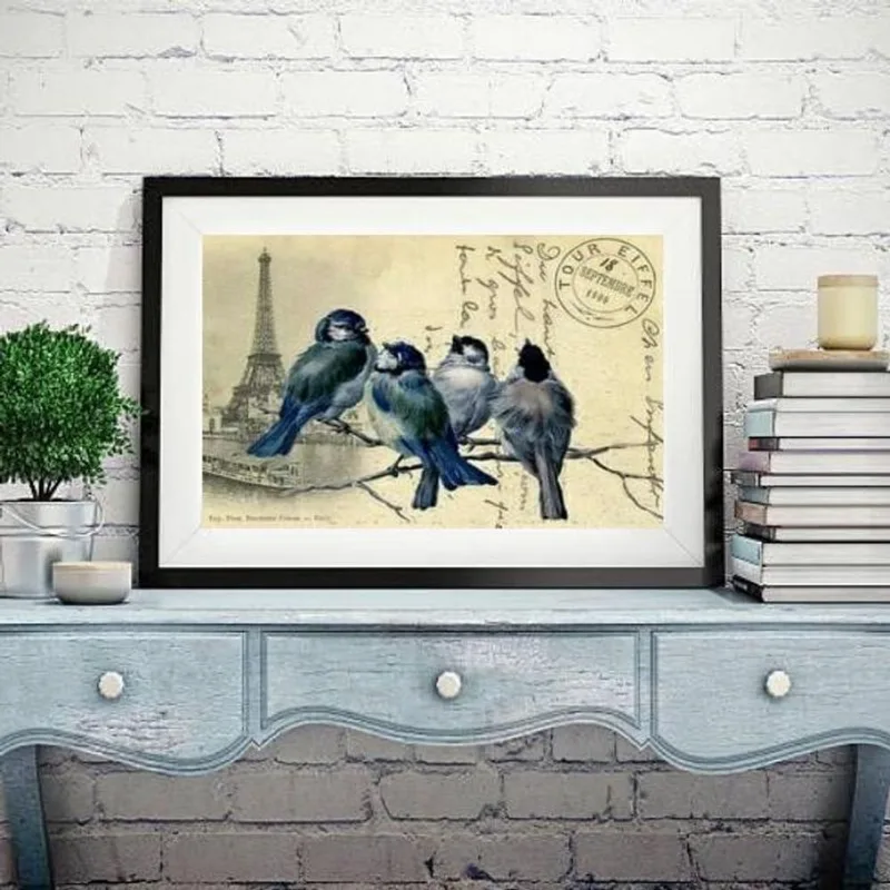 Quadro Horizontal Passarinhos Vintage - 60x48cm