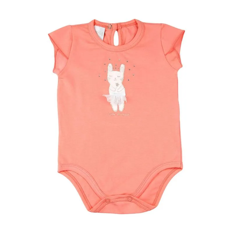 Body Bebê Cotton Conforto Bordado de Coelhinha - Salmão M