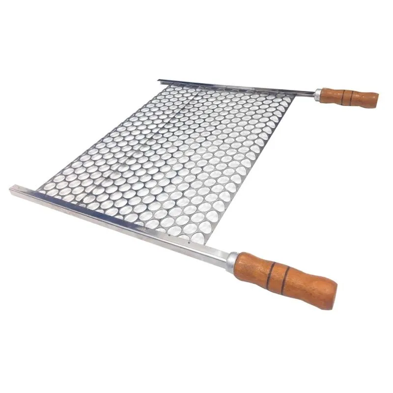 Grelha Moeda Inox 60x36 Para Churrasco Cabo Madeira E Ponta
