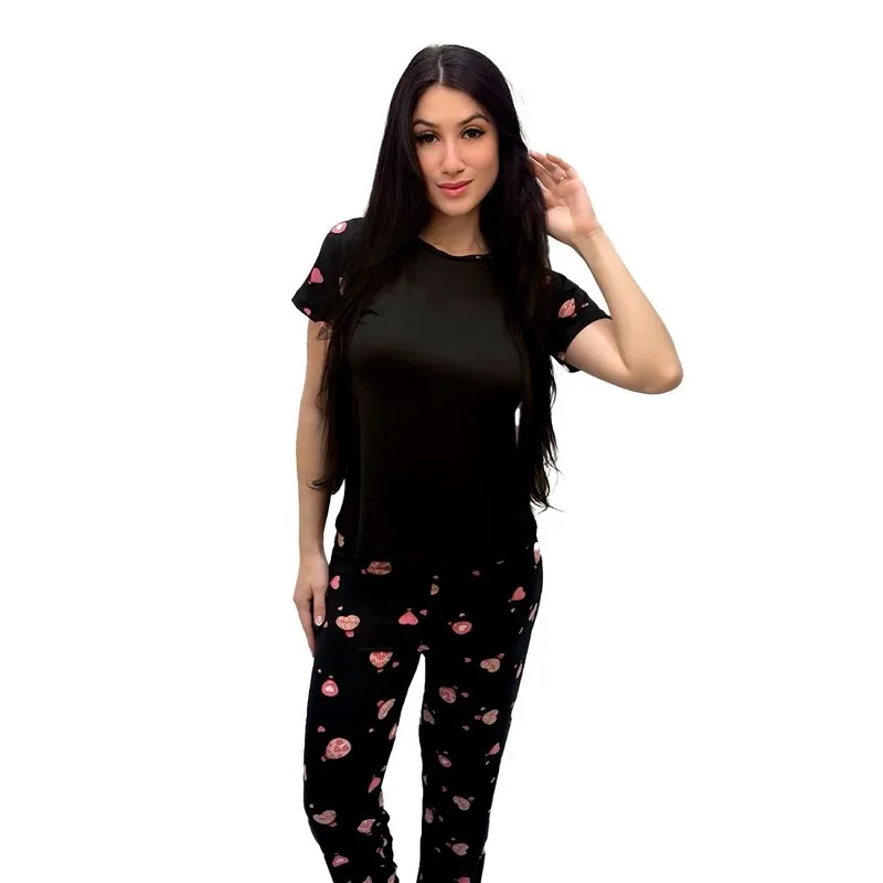 Pijama Suede com Camisa Lisa e Calça Estampada Hot Love