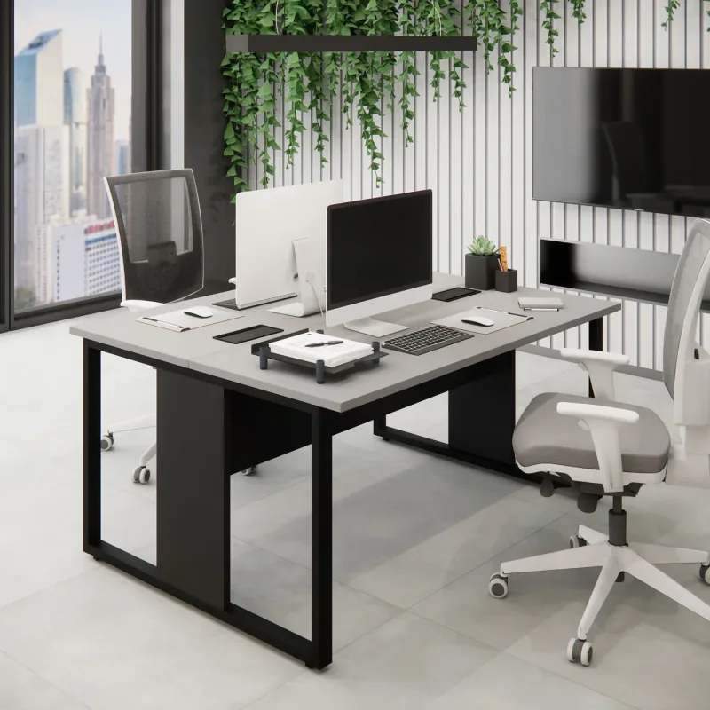 Mesa de Trabalho para Escritório 2 Lugares 1,50m x 1,20m Cinza Sagrado com Preto F5 Office